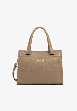 Taupe textured leather handbag with two top handles, gold hardware, and a detachable shoulder strap, featuring "Lancaster Paris" logo.
