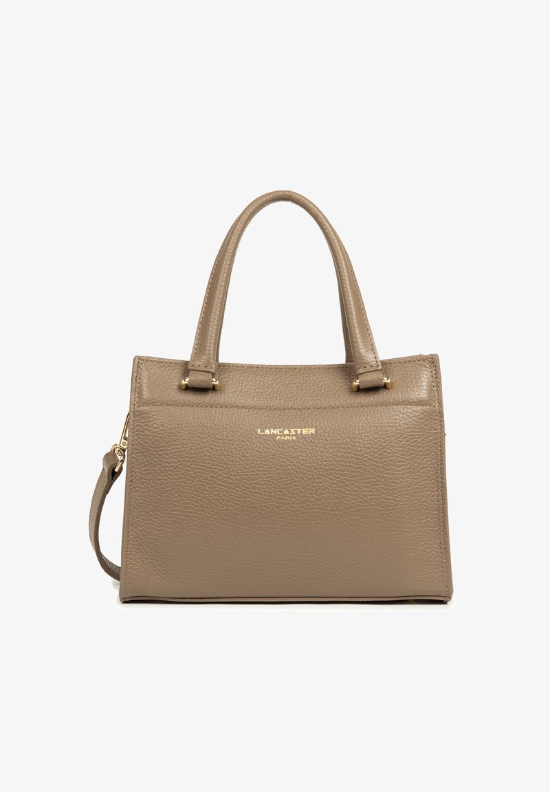 Borsa a mano in pelle texturizzata color taupe con due manici superiori, hardware dorato e tracolla removibile, con il logo "Lancaster Paris".