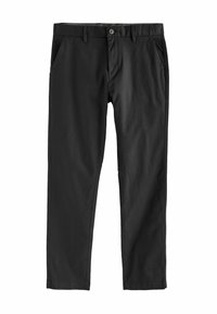 Pantalon noir à coupe droite, avec poches avant, fermeture à bouton et texture en coton lisse.