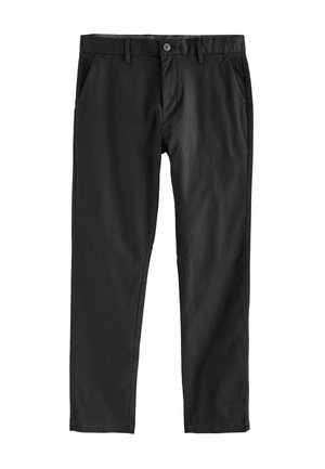 Pantalones negros de corte recto, con bolsillos frontales, cierre de botón y una textura de tela de algodón lisa.