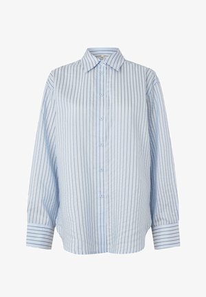 Helles blaues Hemd mit vertikalen marineblauen Streifen, langen Ärmeln und klassischem Kragen. Gefertigt aus strukturiertem Stoff und mit vorderen Knöpfen.