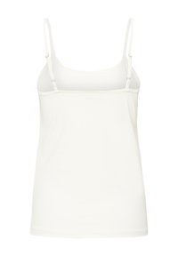 Top sin mangas blanco, hecho de una tela suave. Presenta tirantes ajustables y un diseño simple y contemporáneo con un dobladillo recto.