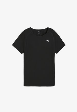 Zwarte T-shirt met korte mouwen, gemaakt van lichtgewicht stof, met een ronde halslijn en een wit Puma-logo op de borst.