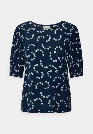 Blusa navy floral com mangas curtas e bufantes. Apresenta padrões florais brancos espalhados. Gola redonda, tecido suave, ajuste descontraído.