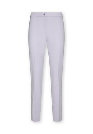 Vaaleanlaventelinväriset räätälöidyt housut, valmistettu sileästä kankaasta. Suora malli, nappikiinnitys ja etutaskut. Minimalistinen muotoilu.