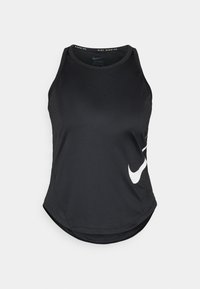 Zwarte sportieve tanktop gemaakt van gladde stof, met een gebogen zoom en een opvallend wit Nike-logo aan de linkerkant.