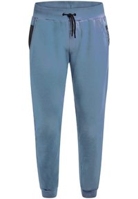 Pantalones de chándal azul claro con cinturilla elástica, detalles negros en los bolsillos y puños acanalados. Fabricados con un tejido suave y cómodo.