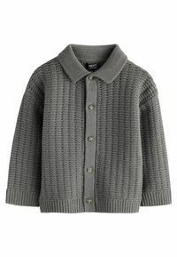 Cardigan gris en tricot avec un col, une fermeture à boutons sur le devant, des poignets et un ourlet côtelés. Tissu texturé avec un motif tissé sur l'ensemble.