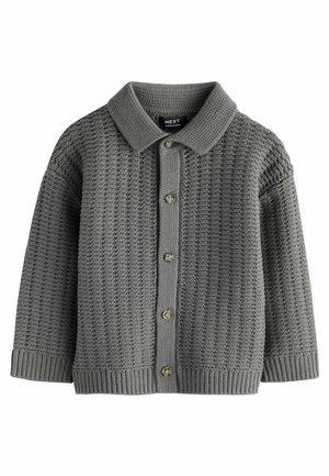 Gray knitted cardigan with a collared neckline, button front, ribbed cuffs, and hem. Textured fabric with a woven pattern throughout.