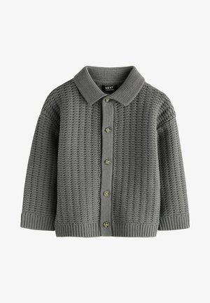 Grijze gebreide cardigan met een kraaghals, knopen aan de voorkant, geribde manchetten en zoom. Getextureerde stof met een geweven patroon doorheen.