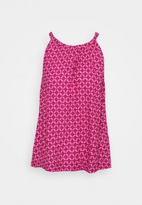 Abito senza maniche di colore rosa con un motivo geometrico che presenta accenti bianchi. Scollo elasticizzato e forma fluida a A per il massimo comfort.