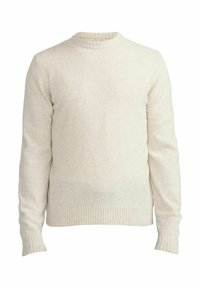 Cremfarbener Strickpullover mit langen Ärmeln, geripptem Rundhalsausschnitt, Bündchen und Saum, auf einem schlichten weißen Hintergrund präsentiert.