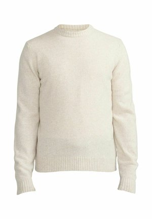 Kreminės spalvos megztinis su ilgomis rankovėmis, raukšlėta apykakle, rankogaliais ir apačia, pristatytas ant paprasto balto fono.