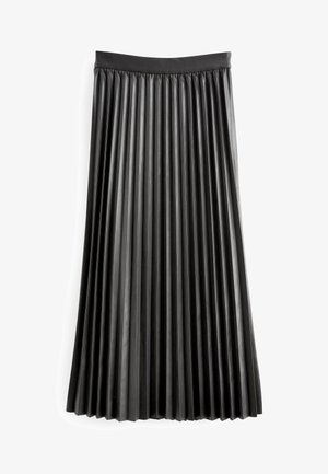 Jupe midi plissée noire avec taille lisse, en tissu brillant, présentée à plat sur fond blanc.
