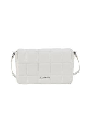 White quilted crossbody bag made of synthetic leather with a smooth texture, featuring a silver logo and a removable strap.