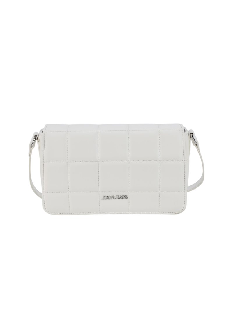 White quilted crossbody bag made of synthetic leather with a smooth texture, featuring a silver logo and a removable strap.