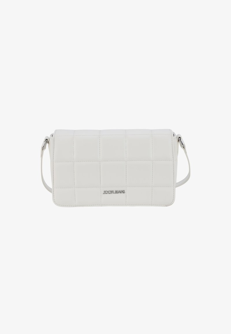 White quilted crossbody bag made of synthetic leather with a smooth texture, featuring a silver logo and a removable strap.