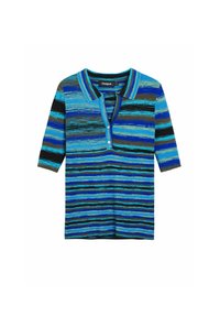 Randig polo skjorta i blå, svart och grön nyanser, kort ärm, med krage och tre knappar vid halsen. Texturerat tyg.