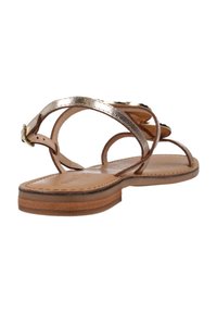 Sandali in pelle marrone con cinghie metalliche dorate, suola piatta, design aperto e chiusura con fibbia, caratterizzati da una superficie liscia e uno stile minimalista.