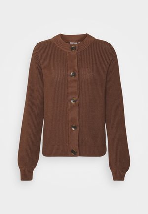 Brown knitted cardigan with ribbed cuffs and hem, five large round buttons down the front, and a crew neckline.