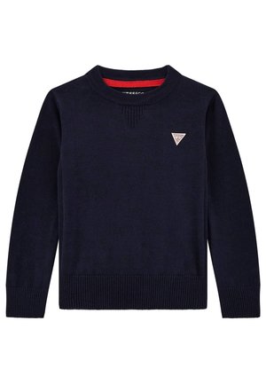 Granatowy sweter dzianinowy z prążkowanymi mankietami i dołem, okrągłym dekoltem oraz małym fakturowanym logo na piersi. Miękka, gładka faktura tkaniny.