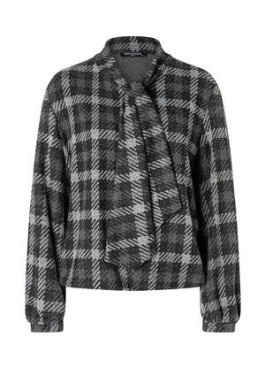 Black and grey plaid blouse with a shawl collar, long sleeves, and a draped front detail. Made from a textured fabric. Comfortable fit.