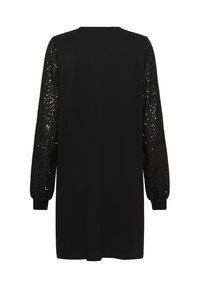 Crna haljina s dugim rukavima, s teksturiranim dizajnom ukrašenim šljokicama. Mekani materijal, ravni kroj i okrugli izrez.