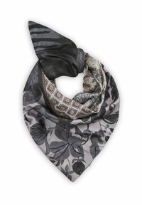 Zwart en grijs zijden sjaal met bloemen- en geometrische patronen, met een gladde textuur en driehoekige vorm, ontworpen voor veelzijdigheid.