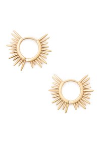 Gold hoop earrings with sunburst design, featuring elongated spikes evenly spaced around a circular base. Smooth texture and polished finish.