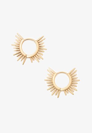 Gold hoop earrings with sunburst design, featuring elongated spikes evenly spaced around a circular base. Smooth texture and polished finish.