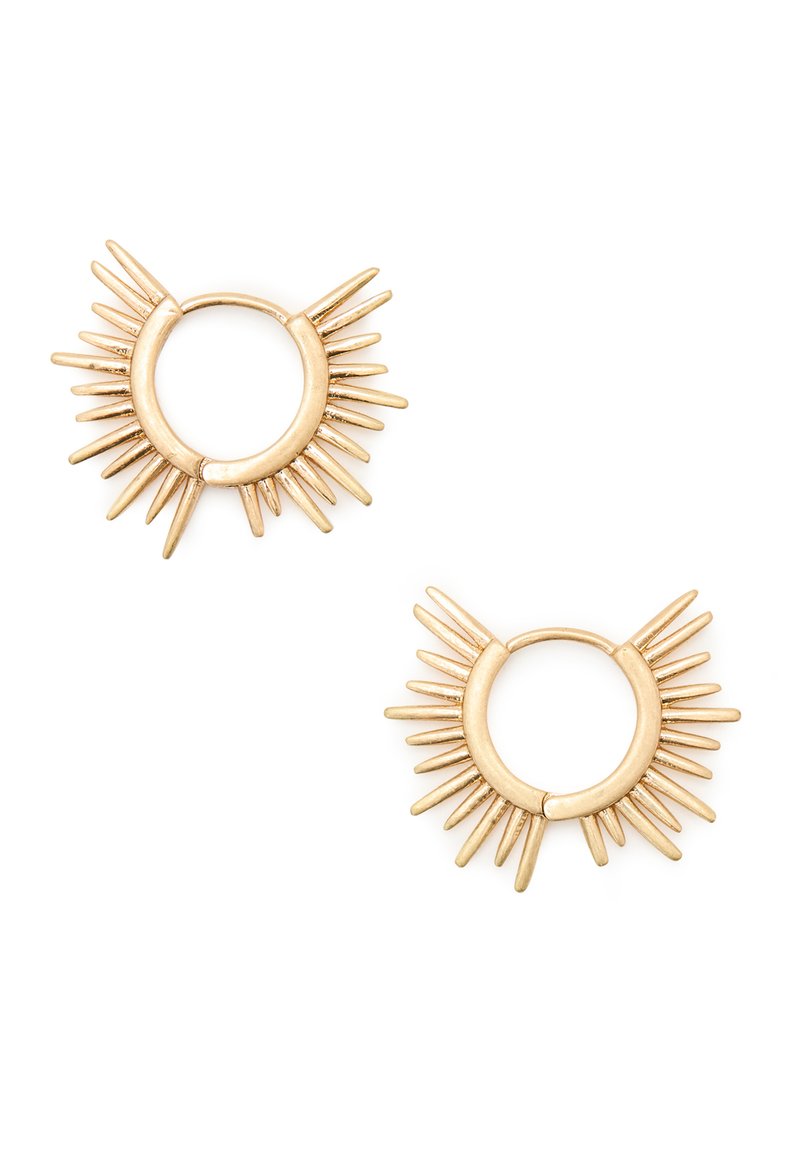 Gold hoop earrings with sunburst design, featuring elongated spikes evenly spaced around a circular base. Smooth texture and polished finish.
