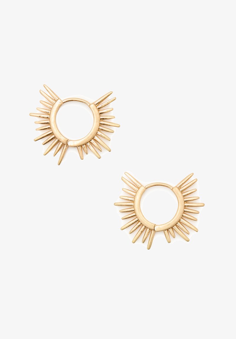 Gold hoop earrings with sunburst design, featuring elongated spikes evenly spaced around a circular base. Smooth texture and polished finish.