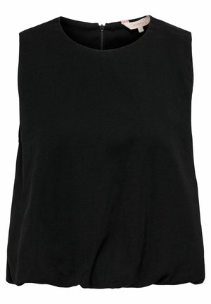 Haut noir sans manches avec encolure ronde, fermeture éclair cachée dans le dos et ourlet légèrement froncé.