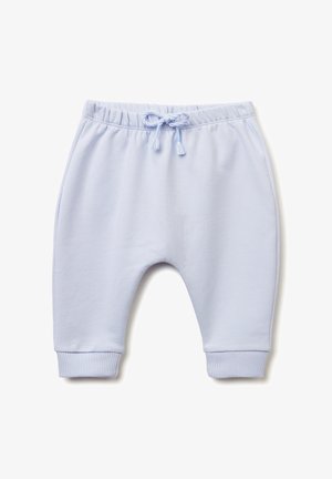 Pantalons de jogging bleu clair en tissu doux, avec une taille élastique dotée d'un cordon de serrage, des poignets côtelés et une coupe décontractée.