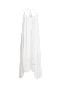Robe maxi blanche sans manches avec fines bretelles et broderie florale ajourée le long de l'ourlet festonné.