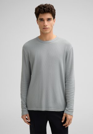 T-shirt grigia chiara a maniche lunghe in un tessuto morbido e testurizzato, con scollo rotondo e orlo dritto. Vestibilità ampia con maniche rilassate.