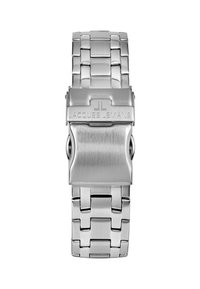 Orologio in acciaio inossidabile argentato con finitura spazzolata, dotato di un bracciale a maglie e di una chiusura con il logo inciso "JACQUES LEMANS."