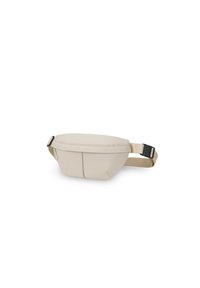 Marsupio beige dalla forma arrotondata, realizzato in tessuto testurizzato. Presenta una tracolla regolabile, una chiusura con zip frontale e un design minimalista.
