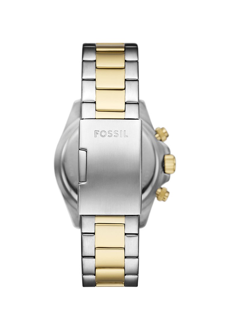 Zegarek w kolorze srebrnym i złotym z bransoletą ogniw, posiadający szczotkowe wykończenie. Zapięcie jest wygrawerowane z nazwą marki "FOSSIL."