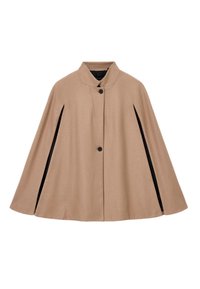 Cappa in lana beige con colletto alla cinese, chiusura a un pulsante e fessure laterali. Tessuto liscio con un design pulito e minimalista.