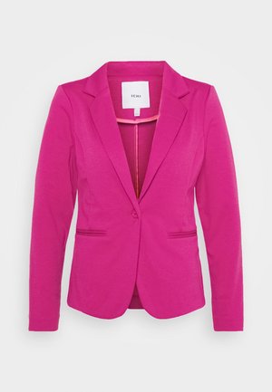 Fuchsia pink women's blazer with long sleeves, notch lapel collar, single button closure, and two front pockets.