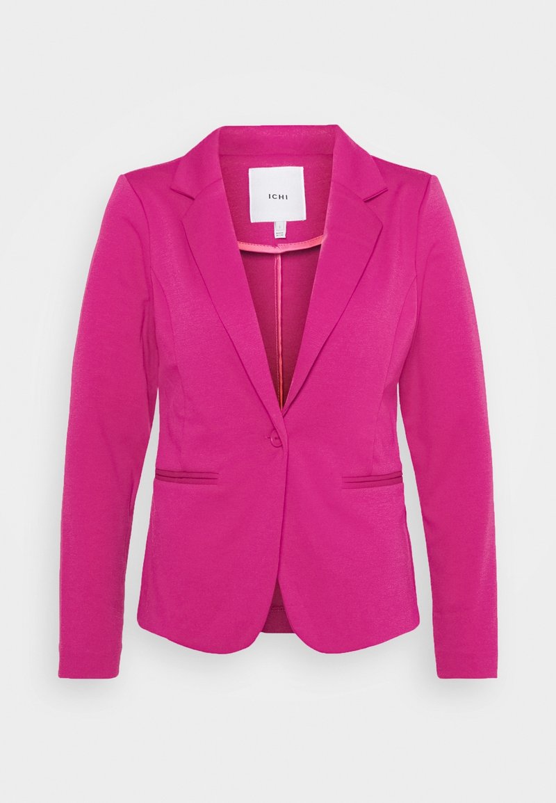 Blazer rose fuchsia pour femme avec manches longues, col à revers cranté, fermeture par un bouton et deux poches avant.