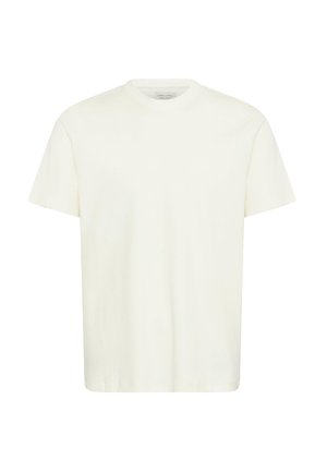 T-shirt bianco in cotone con scollatura rotonda, maniche corte e taglio dritto. Il tessuto appare liscio con una leggera lucentezza. Nessun motivo o accento.