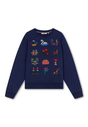 Marineblauwe sweatshirt met kleurrijke, geborduurde patronen van bloemen, dieren en objecten op de voorkant. Geribbelde manchetten en zoom.