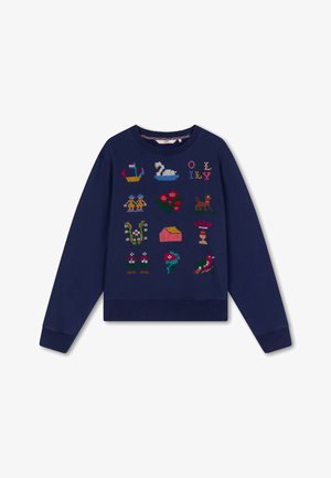 Marineblauwe sweatshirt met kleurrijke, geborduurde patronen van bloemen, dieren en objecten op de voorkant. Geribbelde manchetten en zoom.