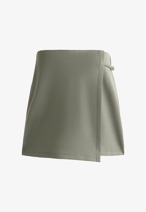 Khaki wrap skirt made of a smooth, lightweight material. Features a side tie closure and a slightly flared silhouette.