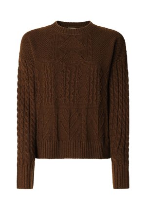 Bruin gebreid sweater met kabelpatronen, textuur ontwerp, geribde manchetten en zoom, ronde halslijn, gemaakt van een zachte wolblend stof.