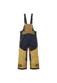 Pantalones de tirantes aislantes en amarillo y azul marino. Hechos de material impermeable con tirantes ajustables, bolsillos laterales y parches reforzados en las rodillas.