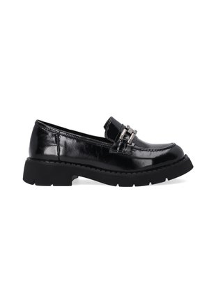 Schwarze Lackleder-Loafer mit einer klobigen Sohle, ausgestattet mit einem Doppelschnallenakzent und erhöhten Nähten entlang der Kante für zusätzliche Textur.