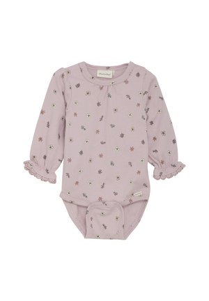 Langärmeliger Babybodysuit in helllila mit floraler Stickerei, rundem Ausschnitt und gerafften Ärmelabschlüssen. Weicher, strukturierter Stoff.